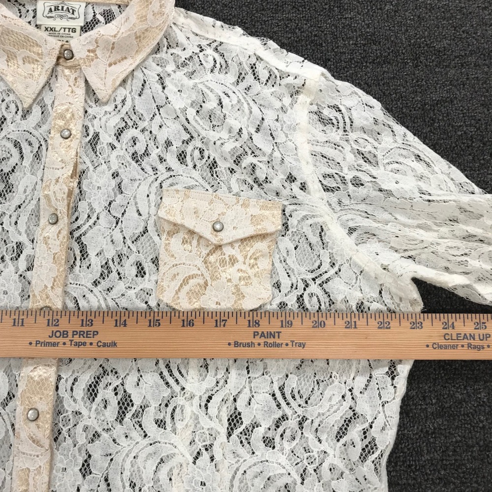 Ariat Womens XXL White Floral Lace Western Snap Shirt Fitted Tan Trim L/S - Picture 8 of 10